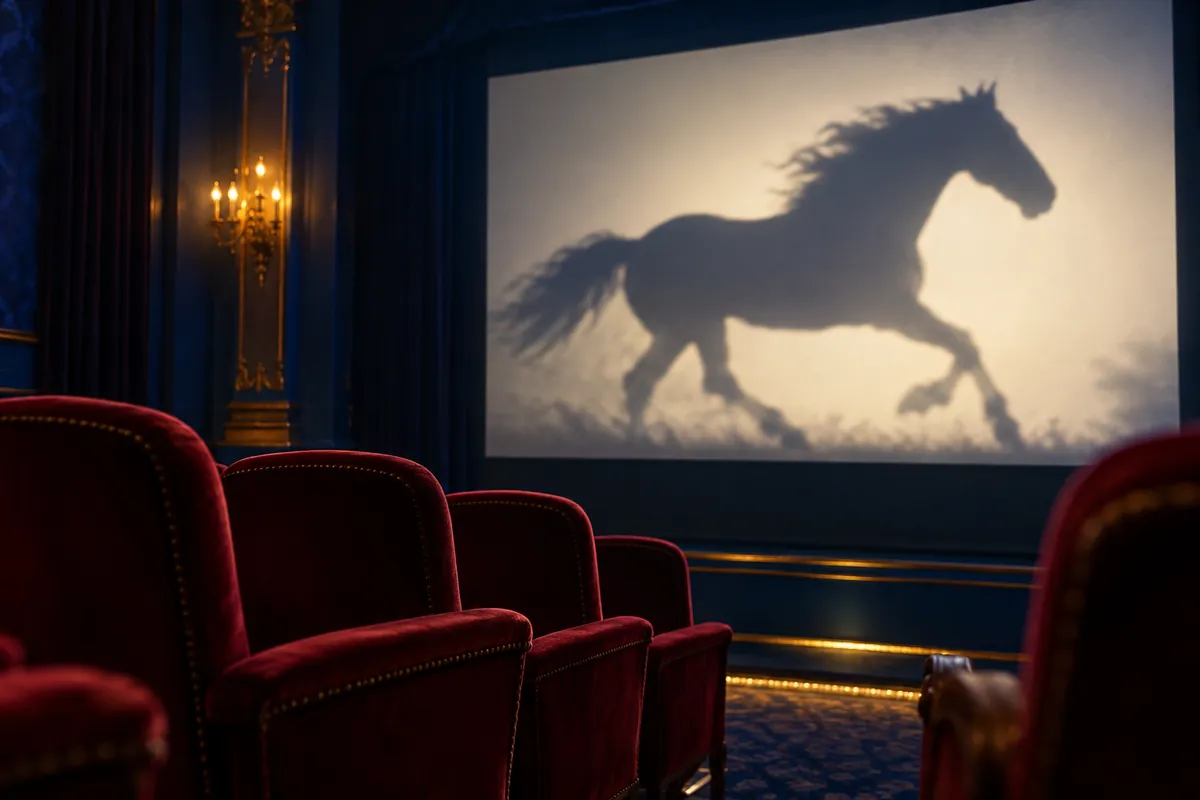 Silhouette d’un cheval projetée sur un écran de cinéma