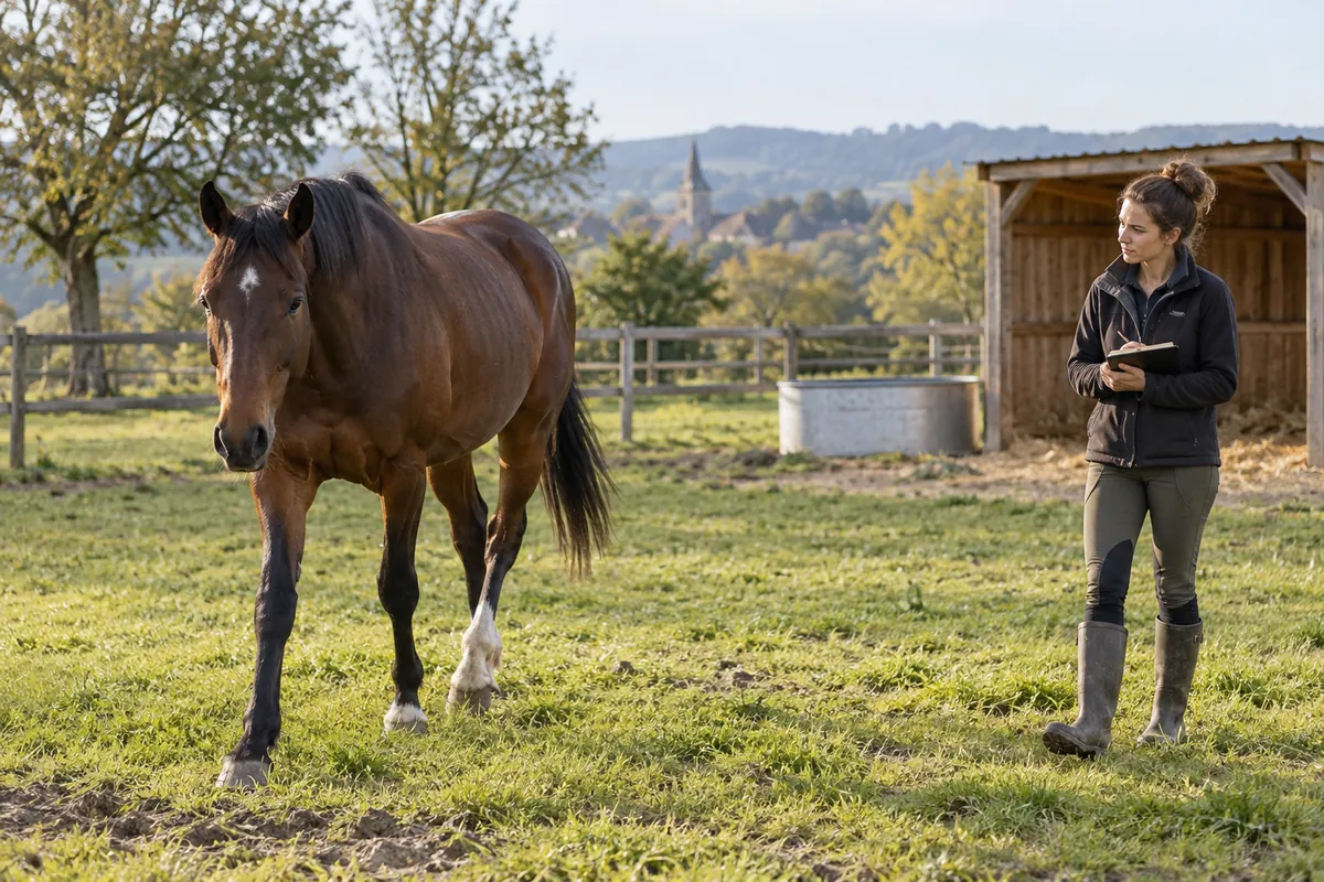 Soigneuse observant la locomotion d’un cheval au pré